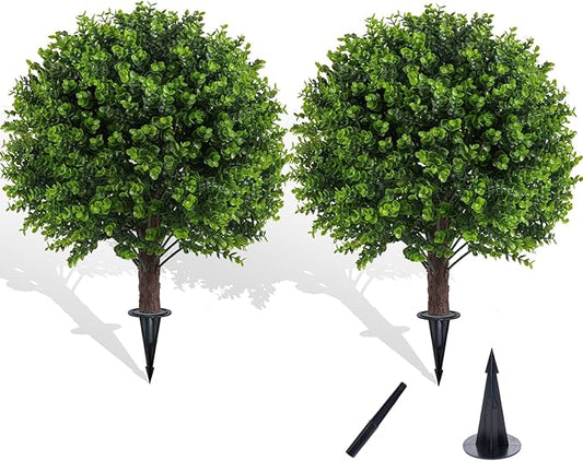 Artificial Boxwood Topiary Outdoor Plants with Spike, 2 Pack Faux Bushes UV Resistant Fake Shrubs for Front Porch Décor