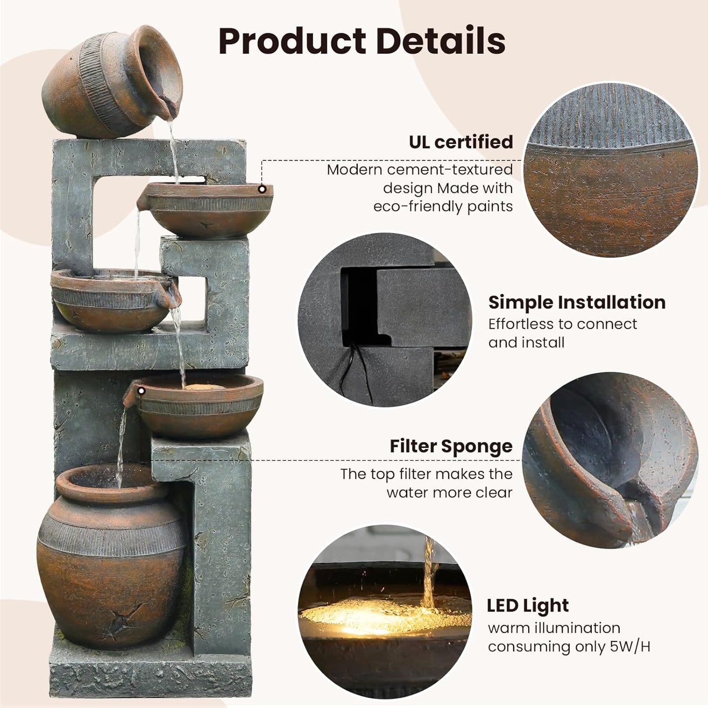 50.4" H Large Garden Fountains Outdoor, 5-Tier Cascading Rustic Style Bowl Water Fountain and Waterfall Feature with Light and Pump for Garden, Patio, Deck, Porch, Home Décor, Gray&Brown