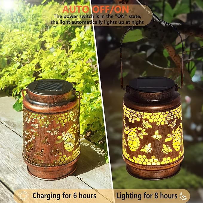 Solar Lanterns Outdoor Hanging Honeybee Decor Lantern,Waterproof Hollow Out Retro Metal Decorative Garden Light,Graceful Decoration for Patio,Yard,Landscape,Walkway,Festival
