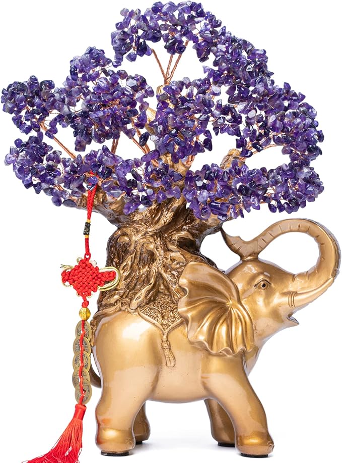 Amethyst Crystal Money Tree on Gold Elephant Statue, 17”Large Gemstone Bonsai Tree of Life Home Décor Gifts for Wealth Positive Energy, Feng Shui Décor
