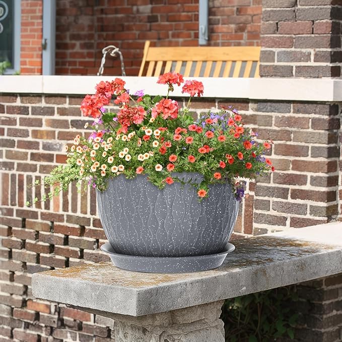 Large Flower Pots 12/10/9 inch, 3 Set Big Plant Pots for Outdoor Indoor Plants with Water Ripples, Wide Plastic Planters with Drainage Holes and Saucers for Garden House Plants, Speckled Grey