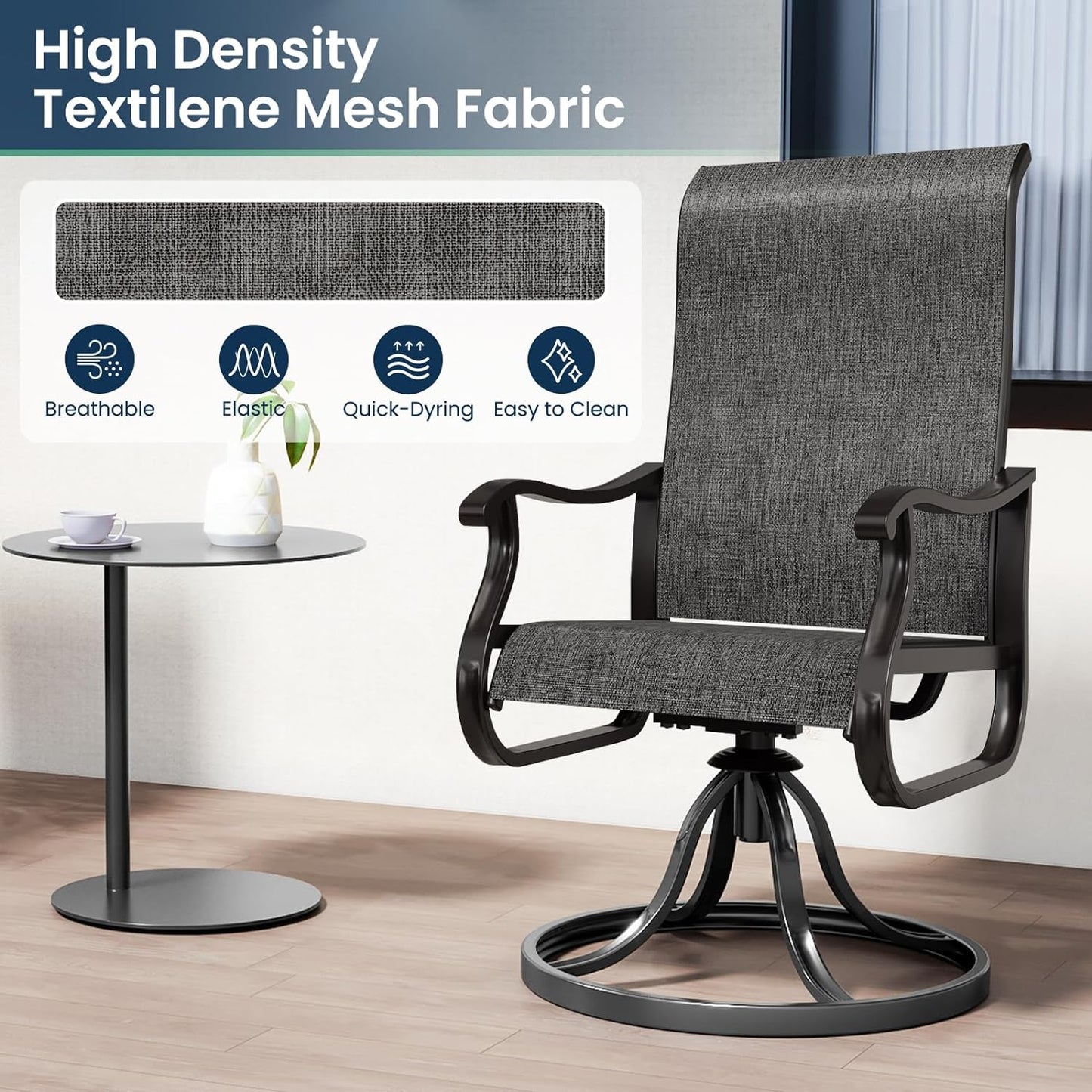 Amopatio Patio Swivel Chairs Set of 2, Outdoor Swivel Rocker Dining Chairs with All Weather Textilene High Back & Metal Frame, for Backyard Deck Lawn Garden, Dark Grey