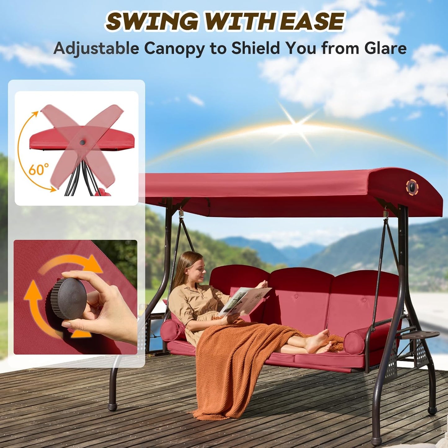 3 in 1 Outdoor Porch Swing with Adjustable Canopy, 3 Seat Outdoor Swing for Adults, Patio Swing Chair with Thickened Cushions,Pillows & Cup Holders for Backyard, Porch, Garden (Wine Red)