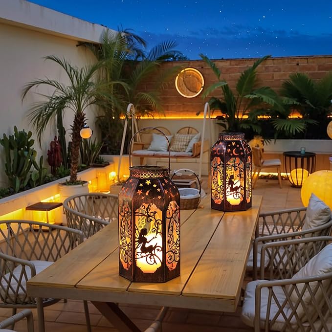 Solar Lanterns Outdoor Garden Hanging Lantern Waterproof LED Metal Bronze Moon Fairy Lantern Waterproof Flickering Flameless Candle Mission Lights for Table,Patio,Mother's Day Gift(2Pack)
