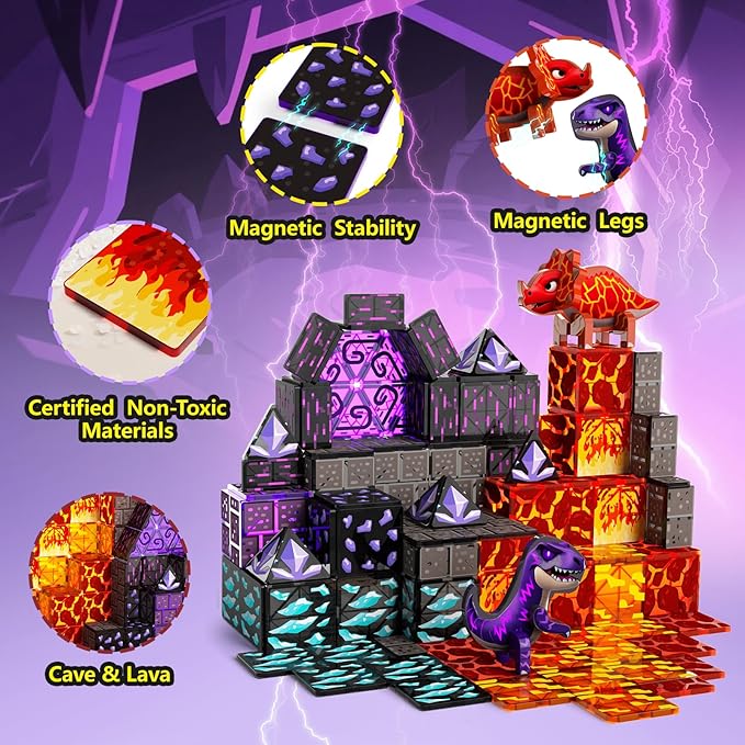GobiDex Dinosaur Toys Magnetic Tiles Lava Cave Dinosaur World Set - Magnetic Blocks Building Toys for Kids 3-5 4-8, STEM Sensory Toddler Birthday Gifts for Boys Girls Age 3+ Year Old