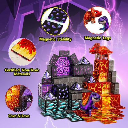 GobiDex Dinosaur Toys Magnetic Tiles Lava Cave Dinosaur World Set - Magnetic Blocks Building Toys for Kids 3-5 4-8, STEM Sensory Toddler Birthday Gifts for Boys Girls Age 3+ Year Old