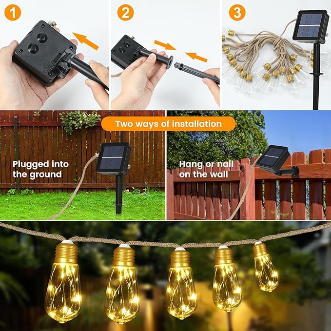 Solar Outdoor String Lights 2PCS 24FT Vintage Rope Hemp Solar Lights with 20 Shatterproof Bulbs,8 Modes Solar Powered Lights with Memory Function,Waterproof for Fence,Yard,Camping(Warm White)