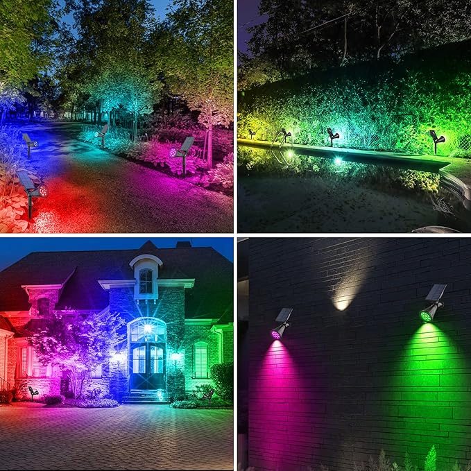 T-SUN Solar Spotlights, Color Changing 7 LED Waterproof Solar Garden Lights, Auto ON/OFF Adjustable Landscape Spot Lights, 2-IN-1 Solar Wall lights for Patio, Yard, Garden, Driveway, Pool Area(2 Pack)