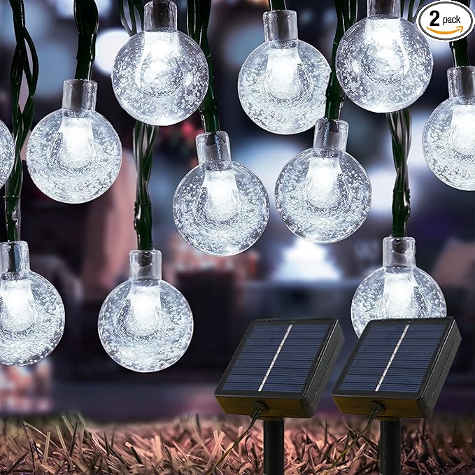 Solar Lights Outdoor Waterproof, 2 Pack Total 200LED 110FT Solar String Lights for Outside w/ 8 Modes, Outdoor String Lights Crystal Globe Patio Lights for Garden Yard Party Decor(Warm White)