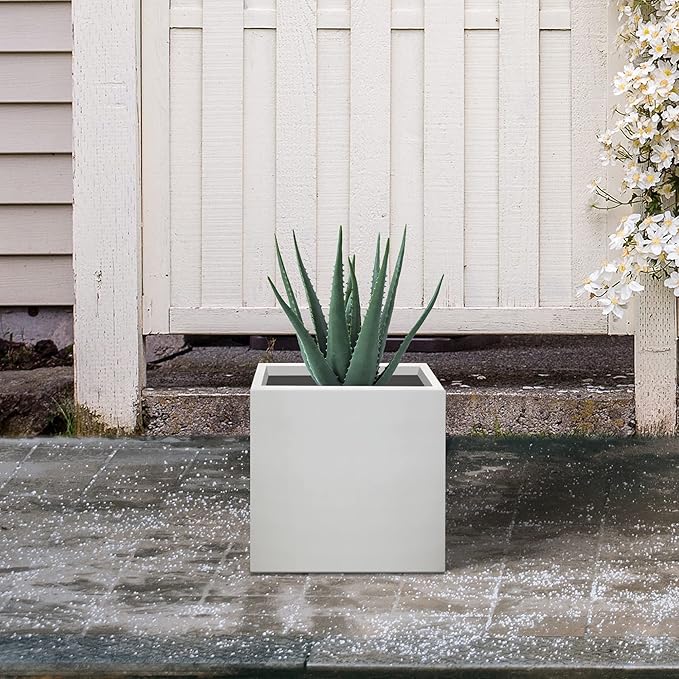 Kante 10 Inch Square Concrete Planter for Outdoor Indoor Home Patio Garden, Large Plant Pot with Drainage Hole and Rubber Plug, Pure White