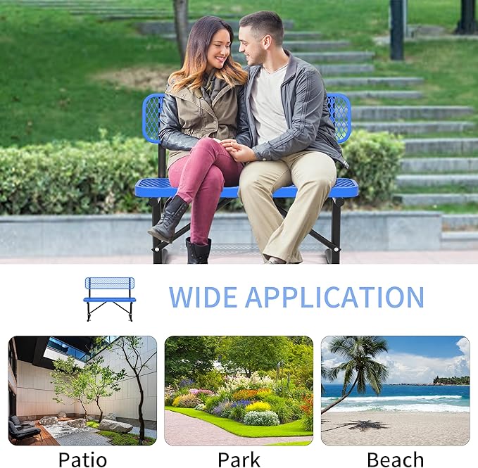 4/6/8 Feet Park Bench for Outside Heavy Duty Metal, Garden Benches Outdoor Bench with Backrest & Portable Frame, for Shopping Malls Stores Parks Patios Decks, Blue