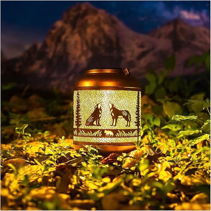 Wolf Solar Lanterns Outdoor Waterproof Hanging Solar Lights Wolf Gifts for Women Men Mom Metal Decorative LED Outdoor Lanterns for Patio, Lawn, Landscape, Garden Decor, Yard Decorations