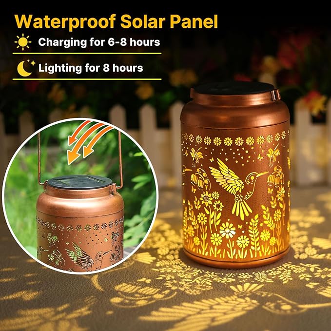 Hummingbird Solar Lanterns Outdoor Waterproof Hanging Solar Lights Metal Decorative LED Lanterns Outside Decor for Garden,Yard,Patio,Lawn Christmas Gifts for Women Mom