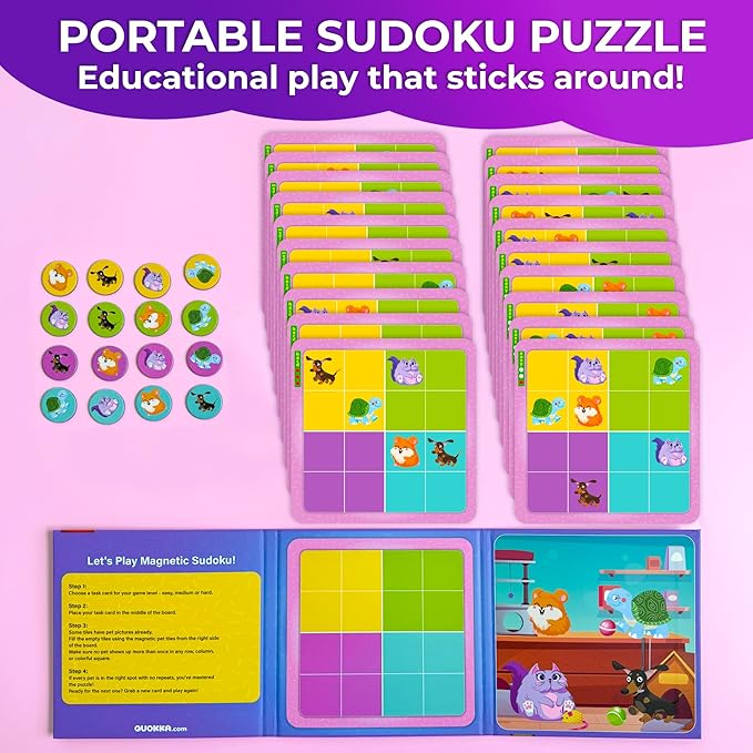 QUOKKA Magnetic Sudoku Toddler Puzzles Ages 2-4 - 20 Pieces Puzzles for Kids Ages 4-6 - Games for Kids Ages 3-5 Sudoku Book with 3 Levels: Easy, Medium, Hard - Educational Portable Travel Game