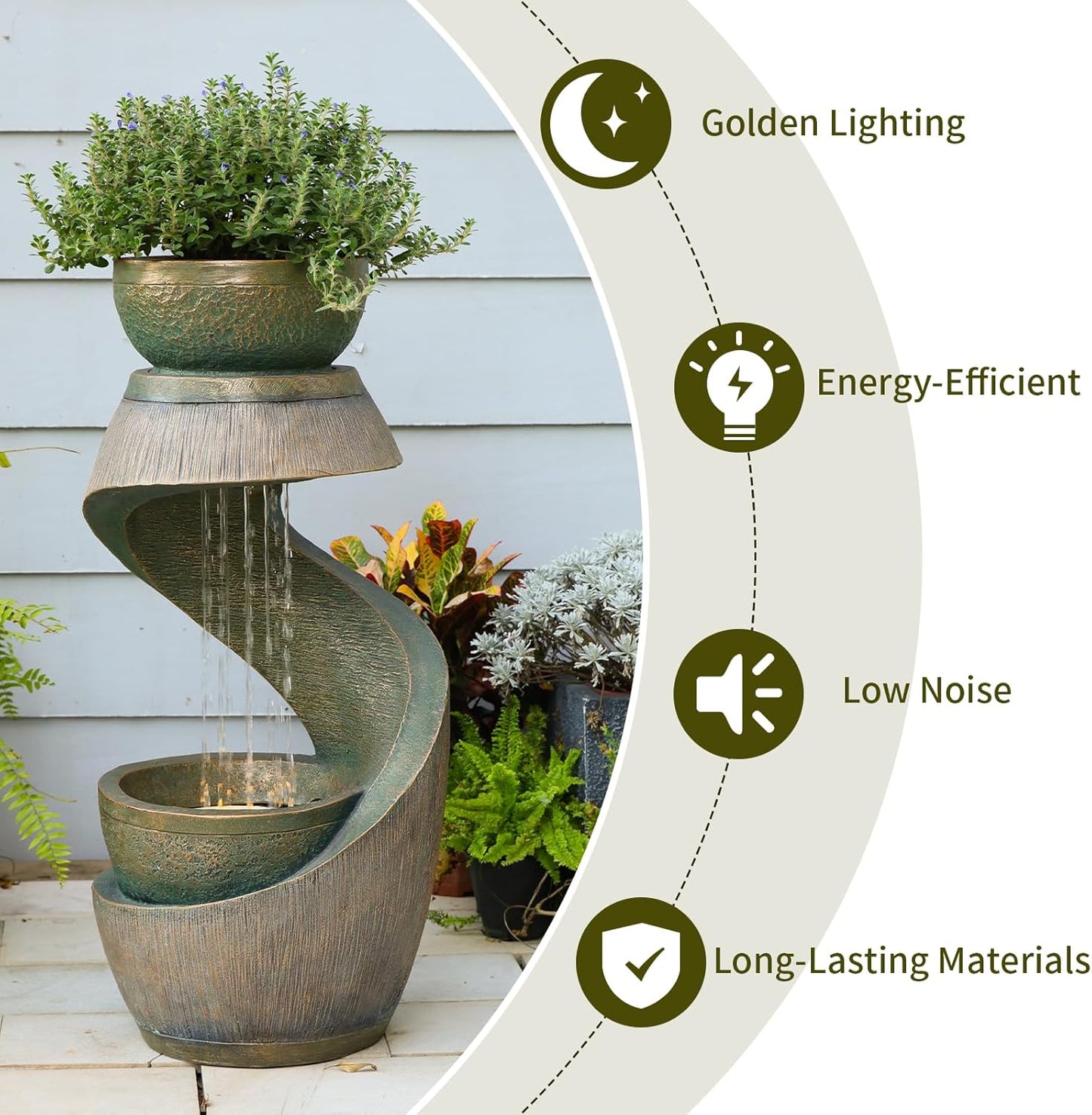 31.9" S-Shaped Water Outdoor Fountain–Modern Cascading Waterfall Feature with LED Lights & Planter Bowl, Garden Fountains Outdoor for Patio, Balcony, Yard or Home Decor, Resin Waterfall, Gold