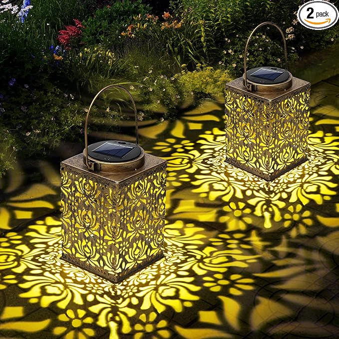 2 Pack Solar Lanterns Outdoor Waterproof - Metal Solar Garden Lights for Patio Porch Yard Garden Decor, Christmas Birthday Gifts for Women (Bronze)