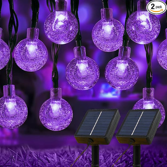 Solar Lights Outdoor Waterproof, 2 Pack Total 120LED 72FT Solar String Lights for Outside w/ 8 Modes, Outdoor String Lights Crystal Globe Patio Lights for Garden Yard Party Decor (Purple)