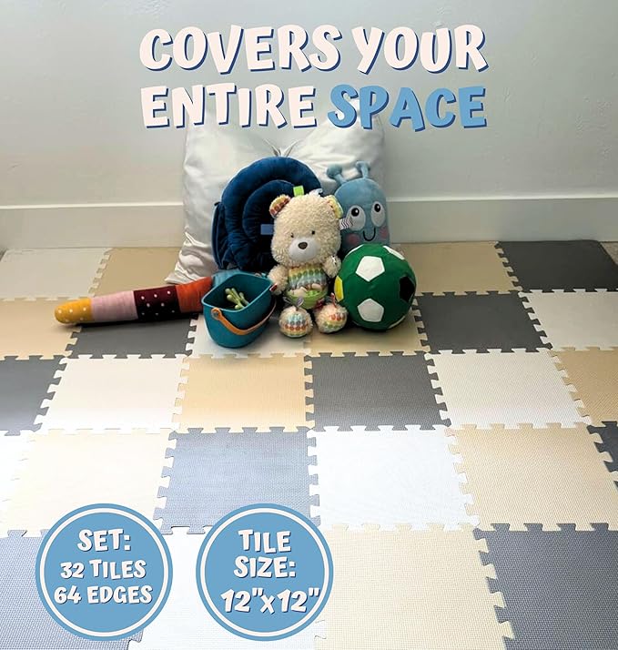 TOYVELT Foam Puzzle Floor Mat for Kids 12x12-32 Interlocking Play Mat Tiles with Colors - Educational Large Puzzle Foam Floor Tiles for Crawling, Non-Toxic - Cream-Gray-Beige