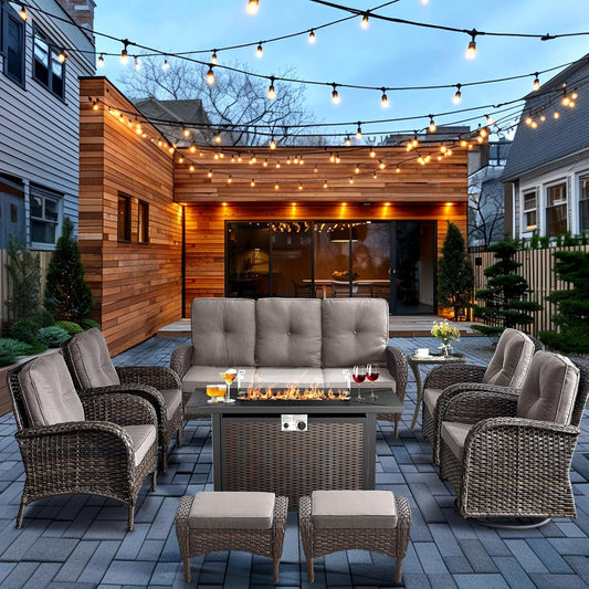 HUMMUH 9 Piece Patio Furniture Set with Fire Pit Table,Wicker Patio Swivel Rocker Outdoor Chairs 3-Seat Sofa with Ottomans for Backyard,Poolside,Deck