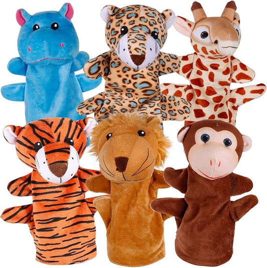 6Pcs Hand Puppets for Toddlers - Stuffed Animal Puppets for Kids, Including Lion, Tiger, Hippo, Leopard, Giraffe and Monkey for Puppet Show Theater, Stocking Stuffers for Kids