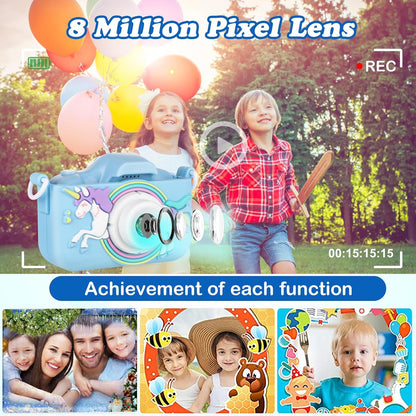 Kids Camera,HD Digital Video Camera with Protective Cover,Childrens Toys for 3 4 5 6 7 8 9 Year Old Boys/Girls,Selfie Camera for Kids,Christmas Birthday Gifts with 32GB SD Card (Unicorn Blue)