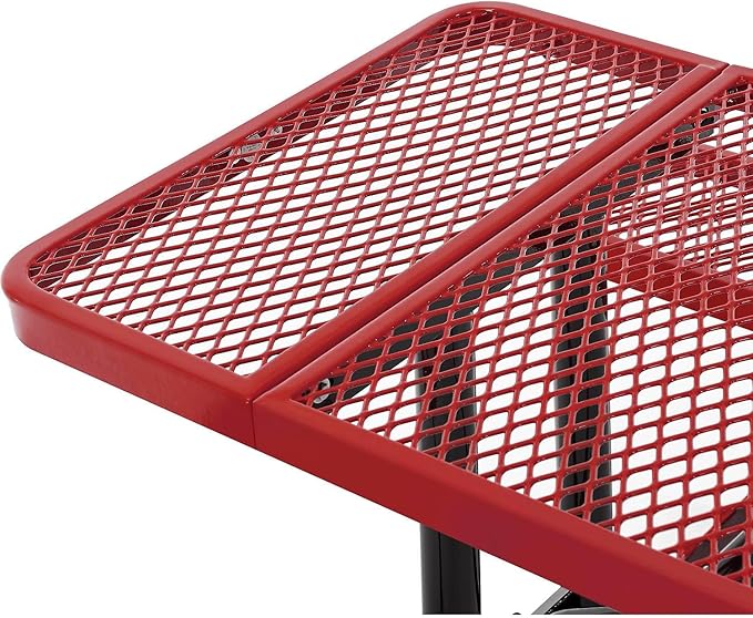 Global Industrial 8’L Rectangular Picnic Table, Expanded Metal, Red Thermoplastic Coating, Attached Benches, 1-1/2” Umbrella Pole Hole, Outdoor-Rated, 1000 lb Capacity, 96” x 30” Tabletop