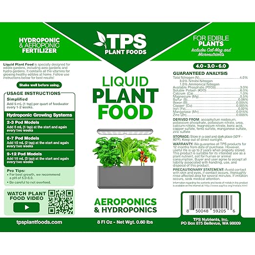 TPS NUTRIENTS Liquid Plant Food for use in AeroGarden, IDOO and Hydroponic Growing Systems, Liquid Fertilizer 8 oz (250mL)