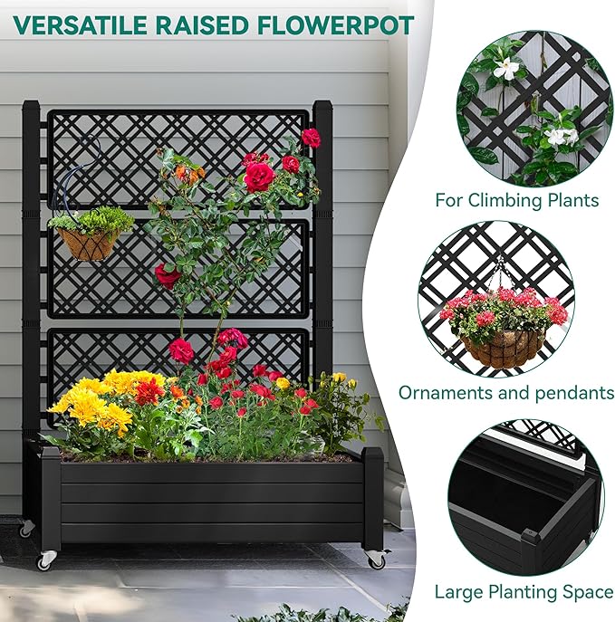 YITAHOME 3.6x1.5x5 FT Planter Box Trellis with Wheels, Large Outdoor Plastic Raised Garden Bed with Drain Plug for Climbing Plants, Black