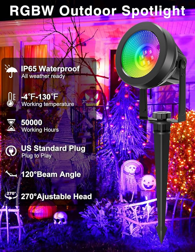 RGB Spotlights Outdoor, Color Changing Landscape Lights, Waterproof Spotlight with US Plug for Yard Tree Garden Path House Halloween Christmas Decoration, 4 Pack