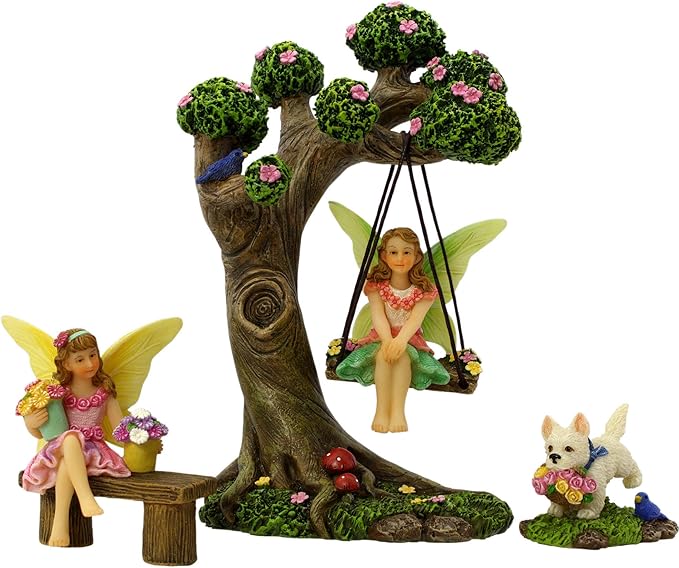 Fairy Garden Accessories Outdoor - Fairy Garden Kit with Fairies for Fairy Garden - Miniatures for an Outdoor Garden, a Fairy Tree Swing, Figurines & Puppy
