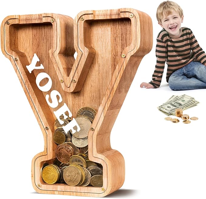 KMC Wooden Letter Piggy Bank, Personalized Initial Piggy Bank for Kids Boys, Clear Alphabet Y Wood Money Box, Unbreakable Coin Saving Jar, Birthday, for Children