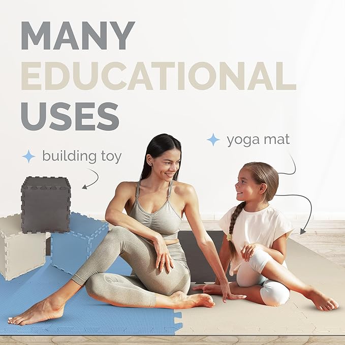 TOYVELT Foam Puzzle Floor Mat for Kids 12x12-32 Tiles Interlocking Play Mat with Colors - Educational Large Puzzle Foam Floor Tiles for Crawling, Non-Toxic - Blue-Brown-Beige