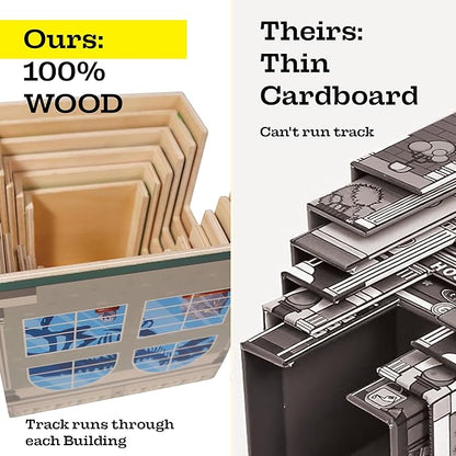 6 Wooden Stacking City Buildings - Nesting Community Helpers Building Boxes - Wood Sorting Cubes Town Play Set for Mats, Toy Cars and Trains - Educational Preschool Track Accessories Learning Toddler