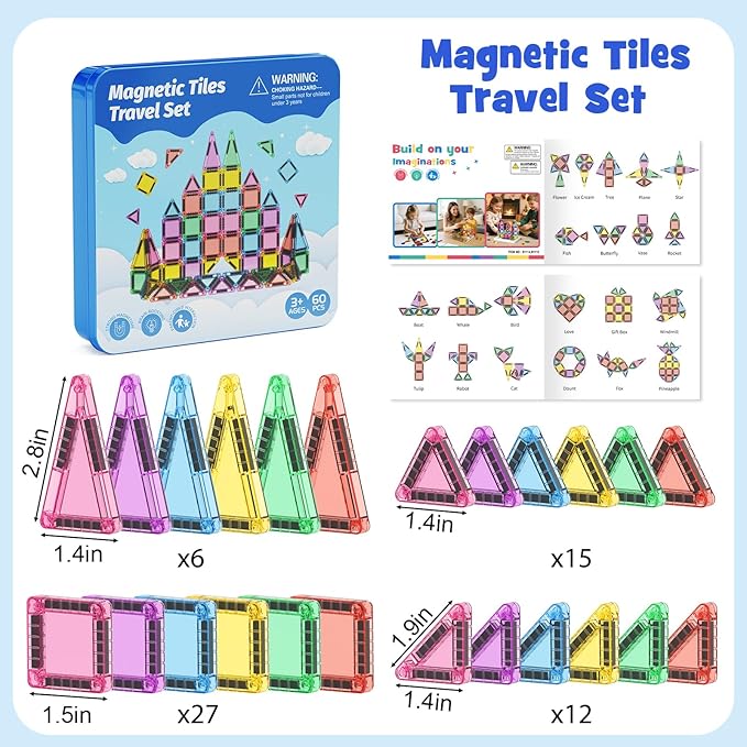 60-Piece Mini Magnetic Tiles Set with Iron Box - Ideal Travel Puzzle Toys for Toddlers Aged 3-5, Montessori STEM Building Blocks, Educational Birthday Gift