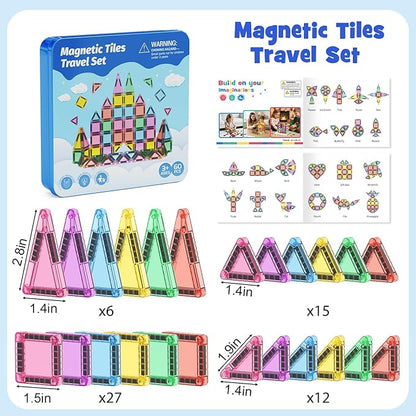 60-Piece Mini Magnetic Tiles Set with Iron Box - Ideal Travel Puzzle Toys for Toddlers Aged 3-5, Montessori STEM Building Blocks, Educational Birthday Gift