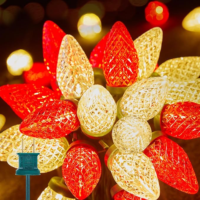 Brightown C9 LED Christmas String Lights, 66ft 100 LED Waterproof Strawberry String Lights, Plug-in Extendable Green Wire Lights String for Outdoor Outside Patio Party Decoration, Red and Warm White