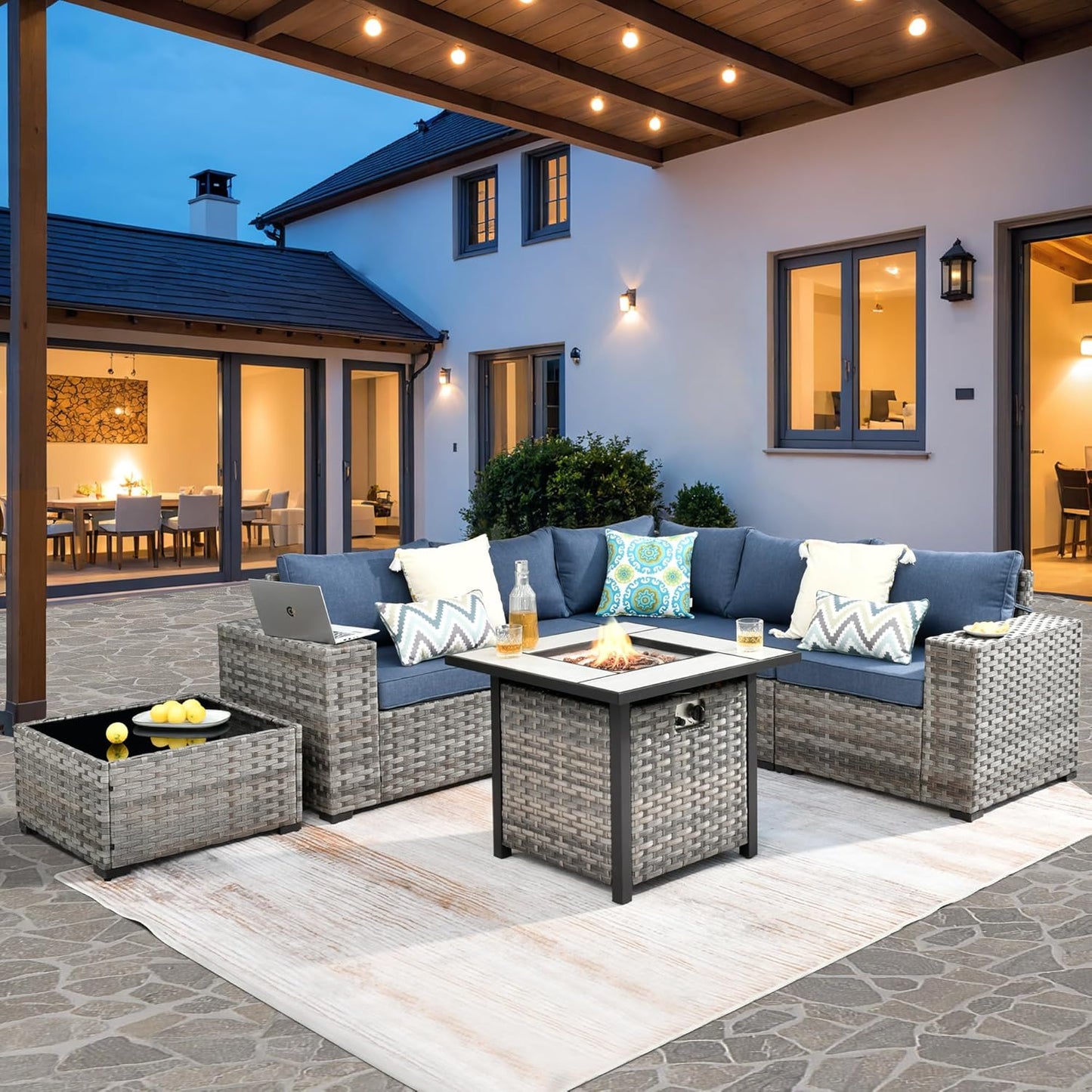 ovios 7 Pieces Patio Furniture Set, Outdoor Wicker Sectional Sofa with 30 Inch Fire Pit Table Comfy Cushions, Modern Modular Deep Seat Rattan Couch Conversation Set, Denim Blue