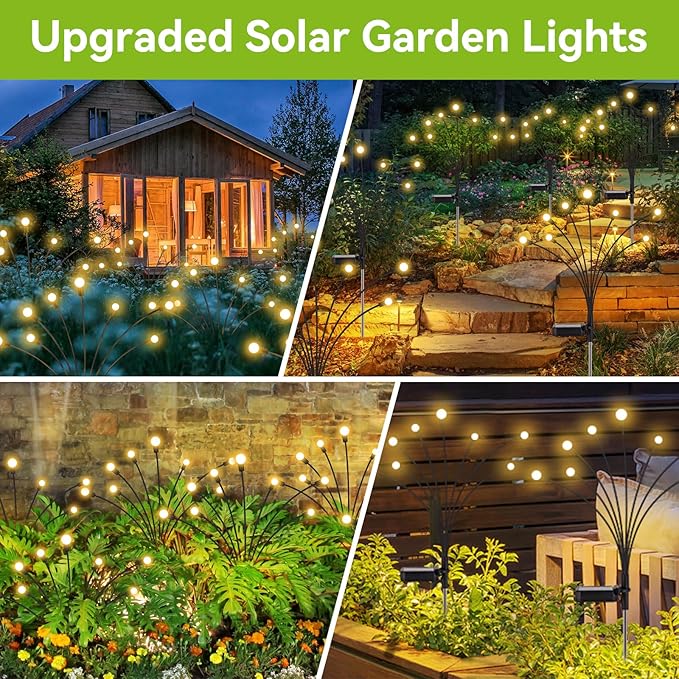Solar Garden Lights Outdoor Waterproof, 4 Pack 32 LED Decorative Swaying Light, Firefly Light Outdoor Decor Lights for Garden Gifts for Pathway Party Christmas, Warm White