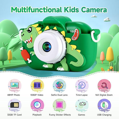 Kids Camera Boys Toys for 3 4 5 6 7 8 9 Years Old Boys, 48MP Dual Lens Kids Digital Camera Christmas Birthday Gifts, 1080P HD Video Selfie Toddler Camera with 32G SD Card