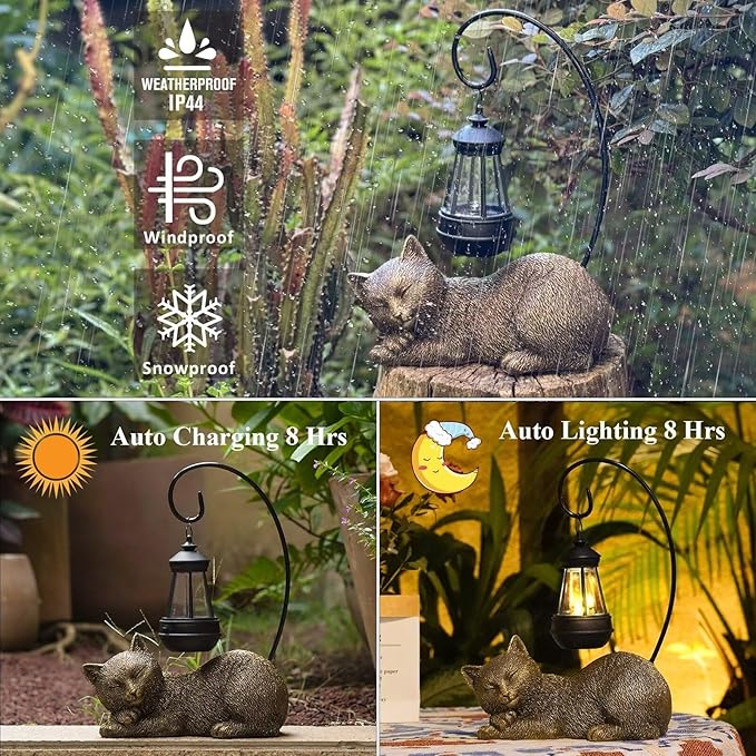 Solar Garden Statue Cat Figurine, 13 Inch Tall Garden Cat Statues Art with Solar Lantern, Loving Cat Statues for Patio, Balcony, Yard, Lawn and Porch, Unique Housewarming Gift for Garden Mom Grandma