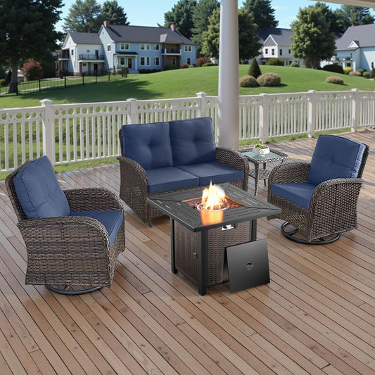 5 Piece Outdoor Patio Furniture Set with 50000 BTU Propane Fire Pit Table, Deep Seating Wicker Swivel Rocker Chairs and Loveseat Glider Patio Conversation Set for Deck Poolside Backyard Blue