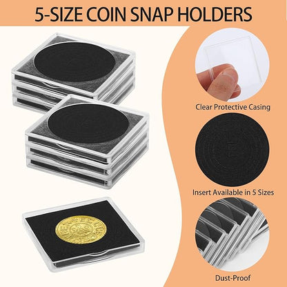 60 Pcs Coin Holders for Collectors, Clear Coin Cases with 5-Size Sponge Gaskets 20/25/30/35/40mm, Plastic Coin Slabs and Coin Protectors for Silver Dollar Collectors Collection Supplies, Black