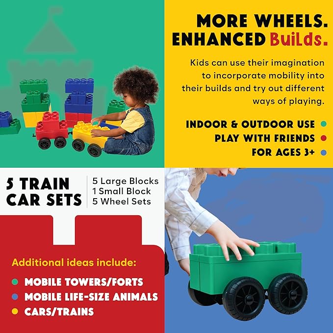 Big Building Blocks - Blocks and Wheels - Toddlers and Kids Ages 4-8 - Large Indoor Outdoor Games - 5 PC Wheel Set