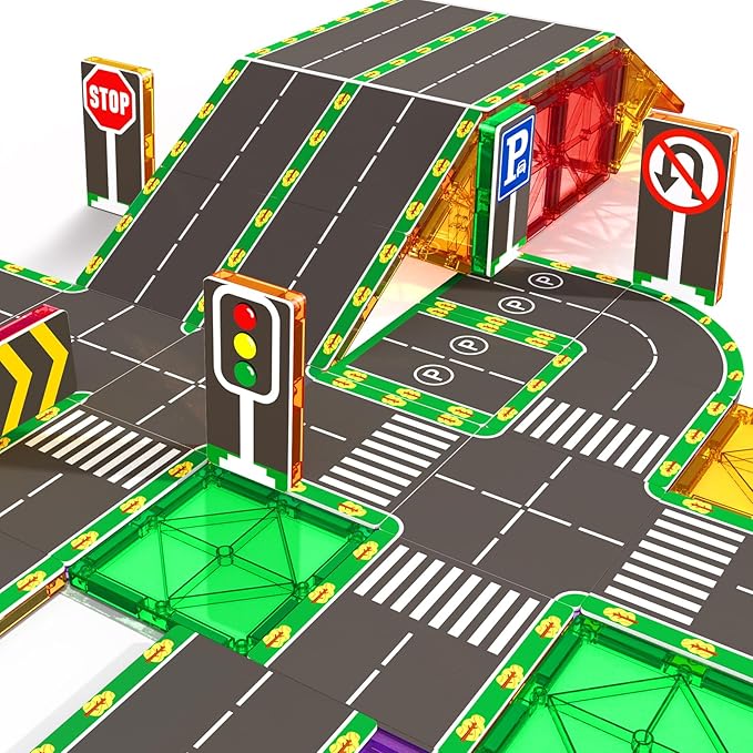 64PCS Magnetic Tiles for Kids Ages 3-5 4-8 Magnetic Building Blocks Road Expansion Pack for Toddlers Creative Learning Construction Toys Gift for Kids 3 4 5 6 7+Year Old Boys Girls Christmas Birthday