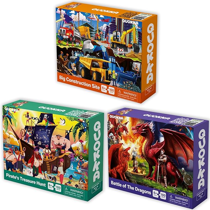 QUOKKA 100 Piece Puzzles for Kids Ages 4-6 – 3 Floor Puzzles for Toddlers 3-5 – Toy for Learning Pirates & Constructions & Animals for 6-8 yo – Jigsaw Toddler Game for Boy and Girl