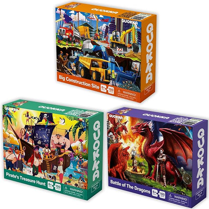 QUOKKA 100 Piece Puzzles for Kids Ages 4-6 – 3 Floor Puzzles for Toddlers 3-5 – Toy for Learning Pirates & Constructions & Animals for 6-8 yo – Jigsaw Toddler Game for Boy and Girl