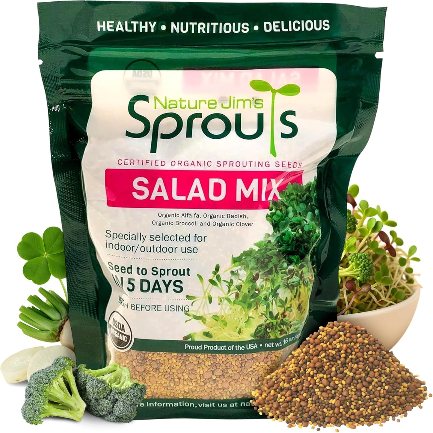 Nature Jims Sprouts Organic Salad Mix – Non-GMO Microgreen Seeds for Growing – Healthy Broccoli, Alfalfa, Radish & Clover Sprouting Variety Blend – Microgreens & Sprouts Seeds for Home Gardening – 1lb