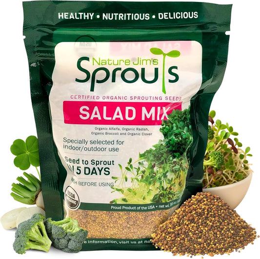 Nature Jims Sprouts Organic Salad Mix – Non-GMO Microgreen Seeds for Growing – Healthy Broccoli, Alfalfa, Radish & Clover Sprouting Variety Blend – Microgreens & Sprouts Seeds for Home Gardening – 1lb