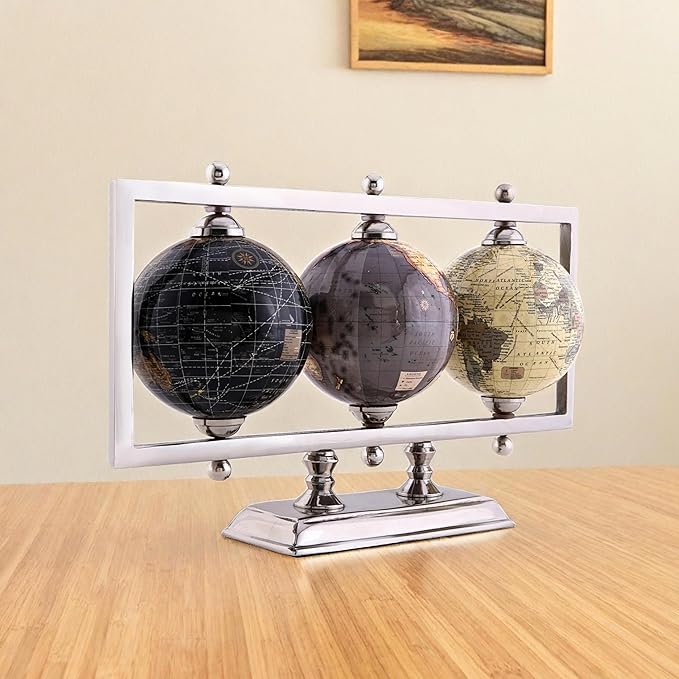 Rely+ Set of 3 4'' World Globes Sturdy Metal Silver Stand Rotating Desktop Globe For Geographic Home Decorative Desk Table Office Gift - Book Shelf Decor World Globe - Landscape