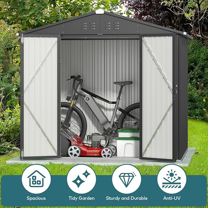Gizoon Outdoor Storage Shed 8 x 6 FT, Galvanized Metal Garden Shed with Double Lockable Doors, Outdoor Storage Clearance for Backyard Patio Lawn-Dark Grey